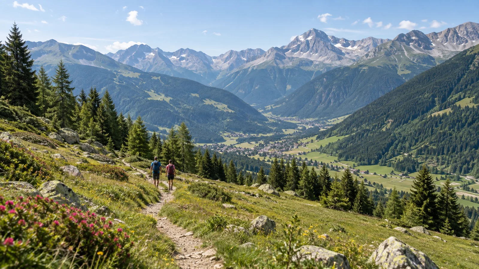 Escursionisti in un paesaggio alpino estivo in Trentino
